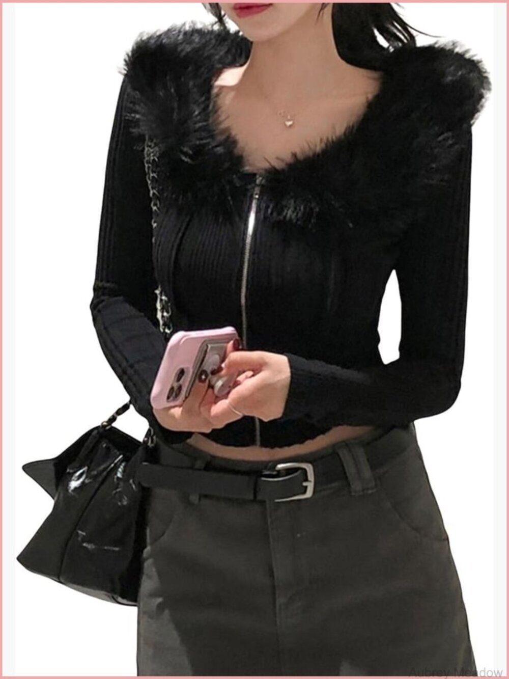 Slim Fit Zip-Up Cardigan with Detachable Fur Collar Y2K Long Sleeve Sweater